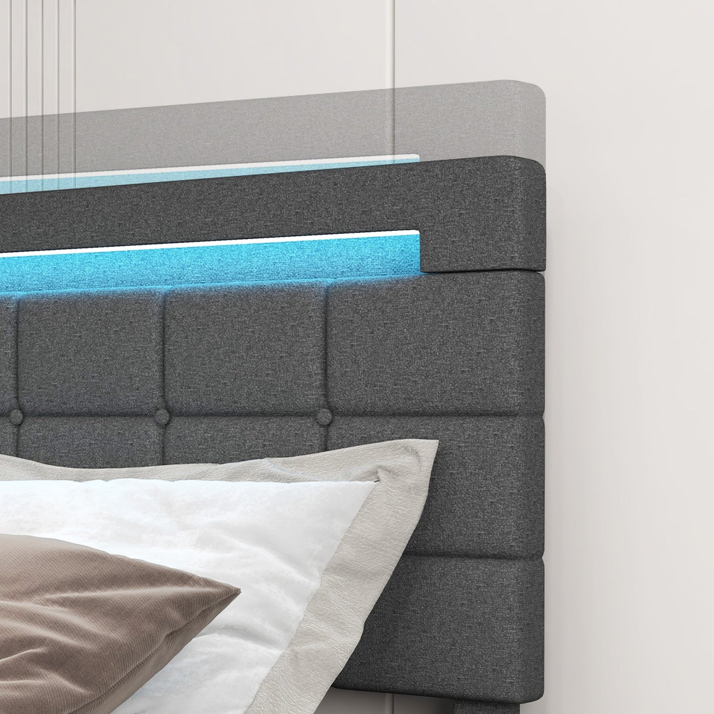 Estructura de cama LED tapizada con cabecero y 4 cajones - Tamaño completo