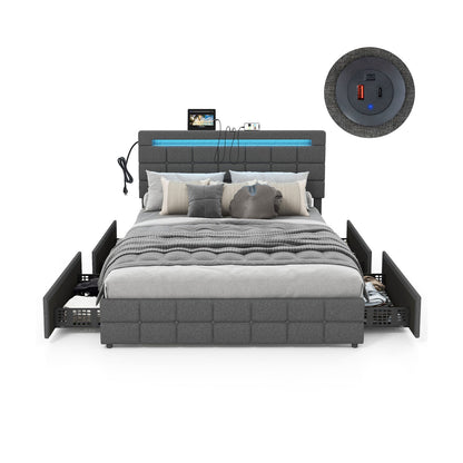 Estructura de cama LED tapizada con cabecero y 4 cajones - Tamaño completo