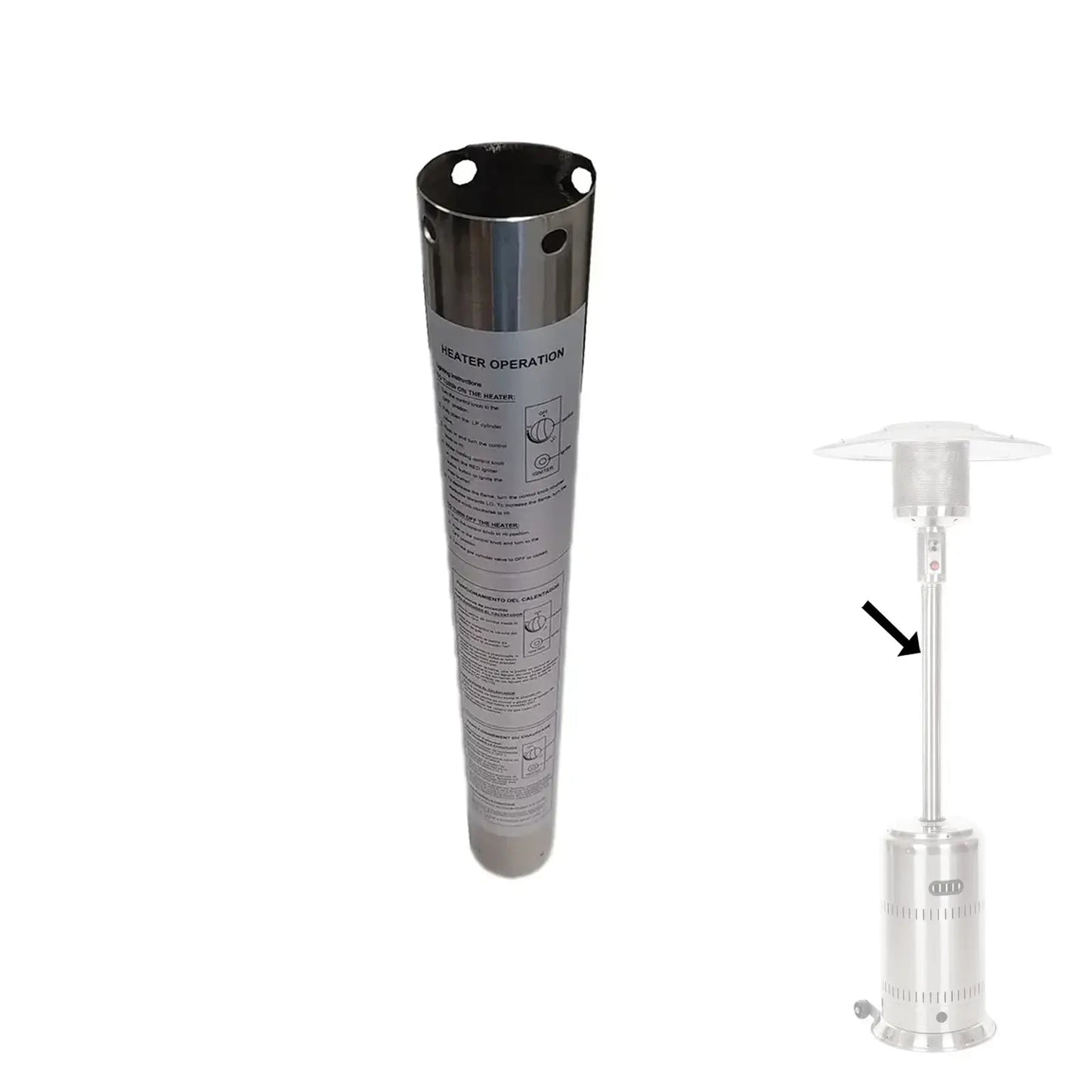 Upper Post for 61629 replacement; stainless steel post with holes; heater shown on Tampa Home & Garden Store