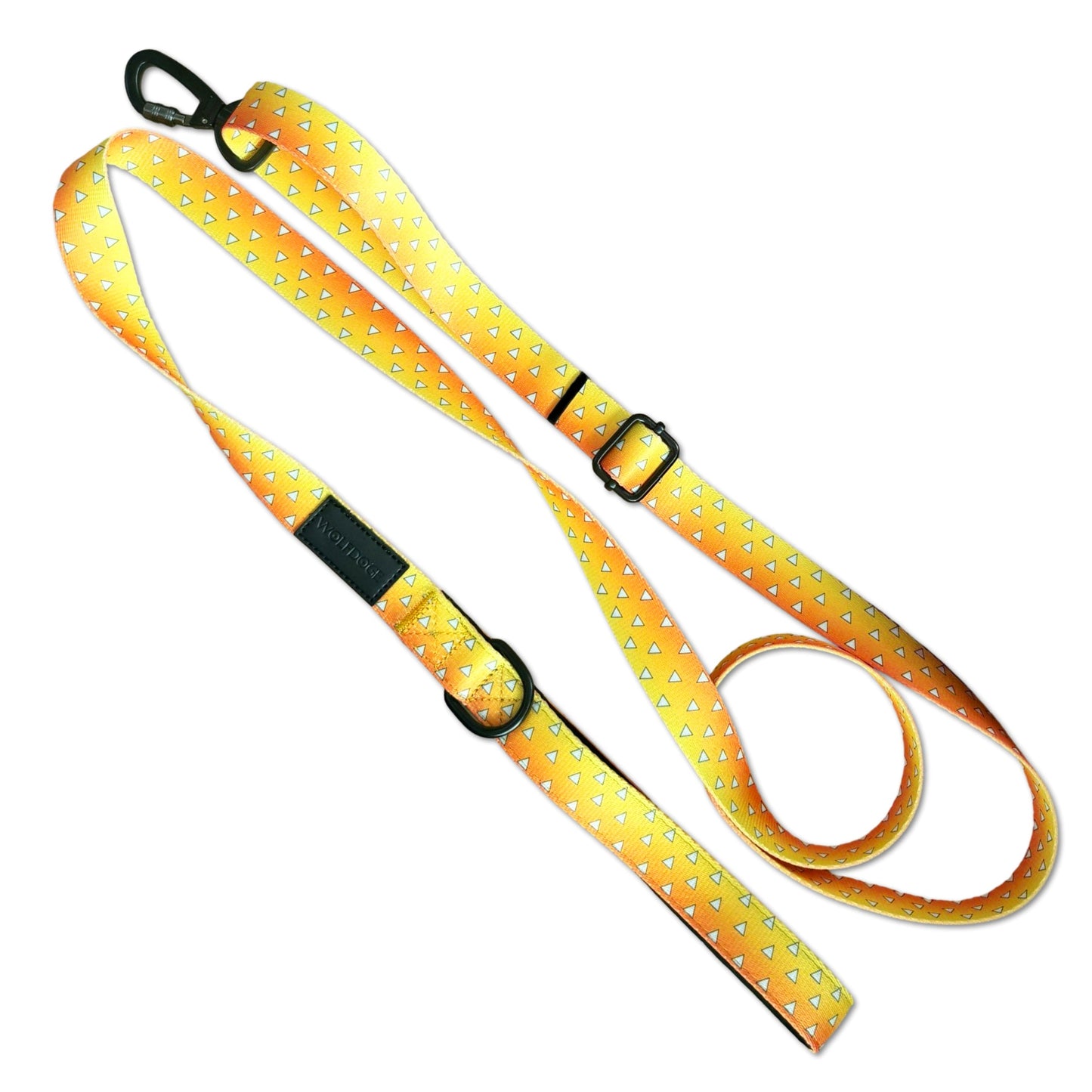 Urokomon Leash by Wolfdoge, gradient yellow-orange nylon with white triangles and black hardware on Tampa Home & Garden Store