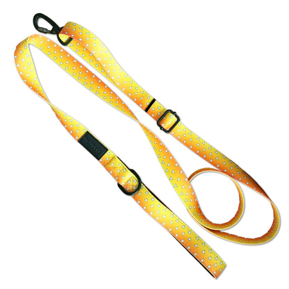 Urokomon Leash by Wolfdoge, gradient yellow-orange nylon with white triangles and black hardware on Tampa Home & Garden Store