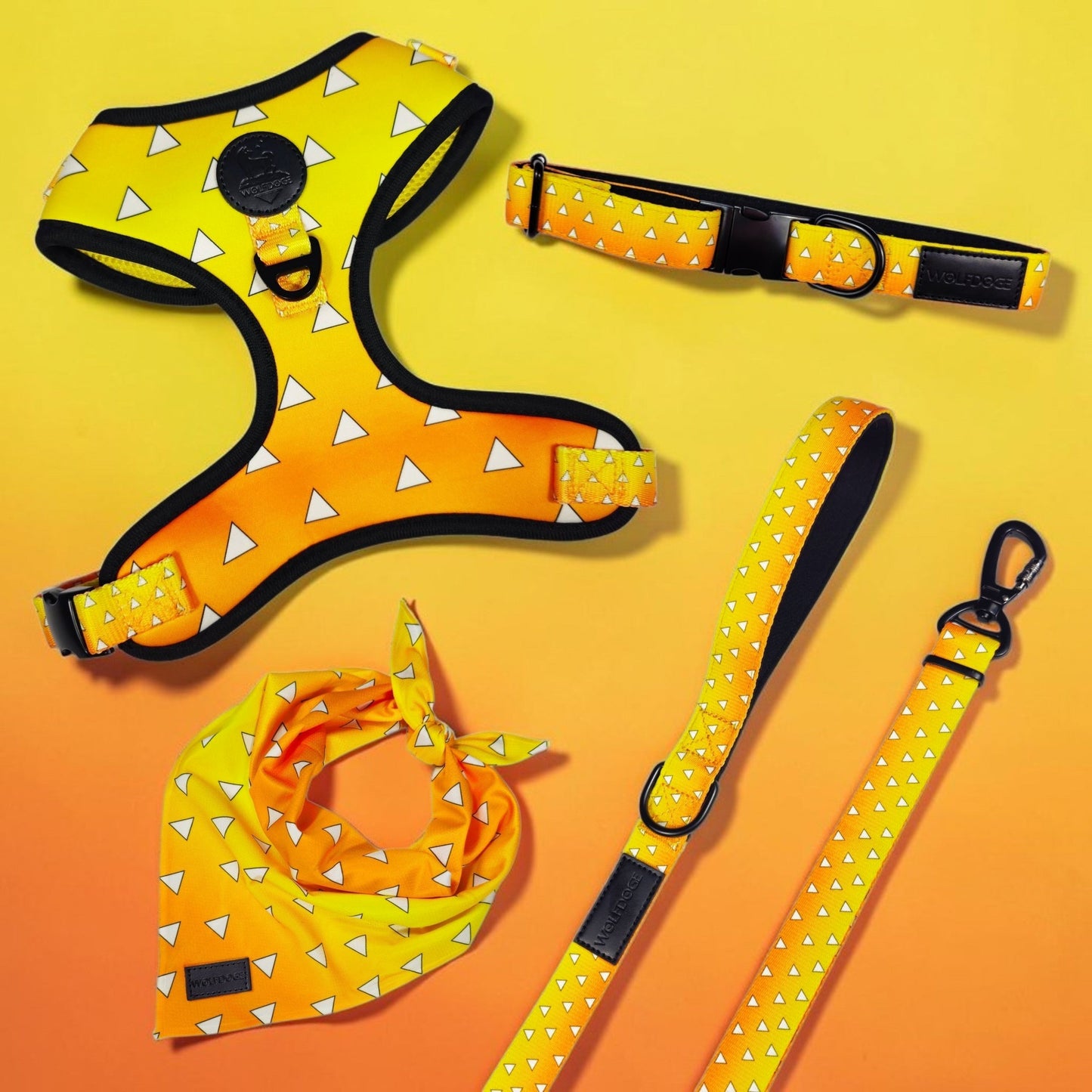 Urokomon Leash and harness set, yellow with white triangles, Wolfdoge standard leash on Tampa Home & Garden Store