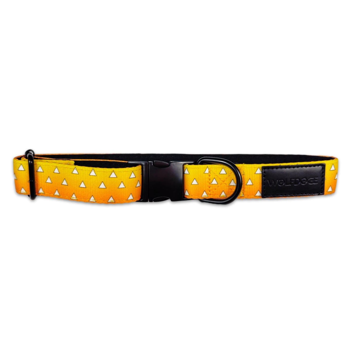 Urokomon Collar yellow strap with white triangles, black buckle; WOLFDOGE branding on Tampa Home & Garden Store
