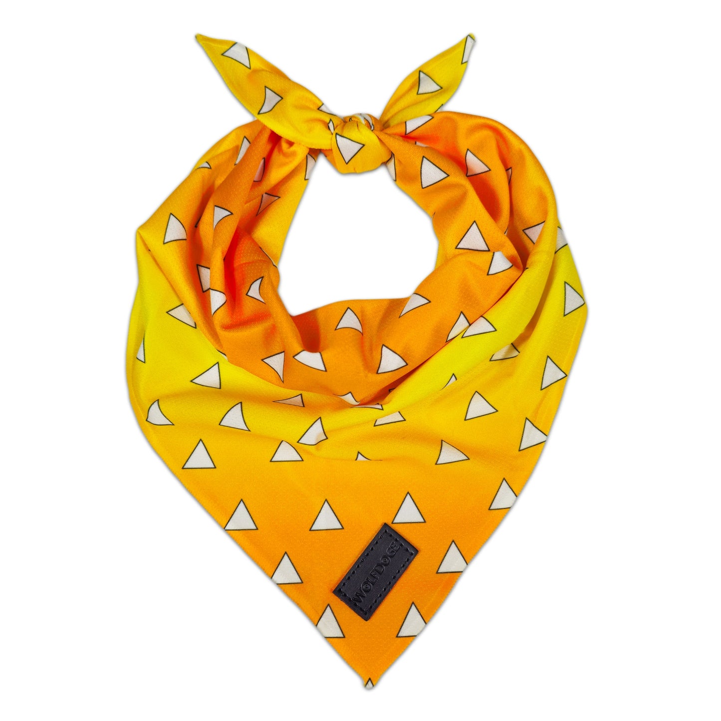 Urokomon Cooling Bandana by WOLFDOGE, yellow-orange pet bandana with white triangle print on Tampa Home & Garden Store