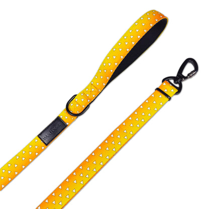 Urokomon Leash yellow nylon with white triangles, black hardware, standard WOLFDOGE leash on Tampa Home & Garden Store