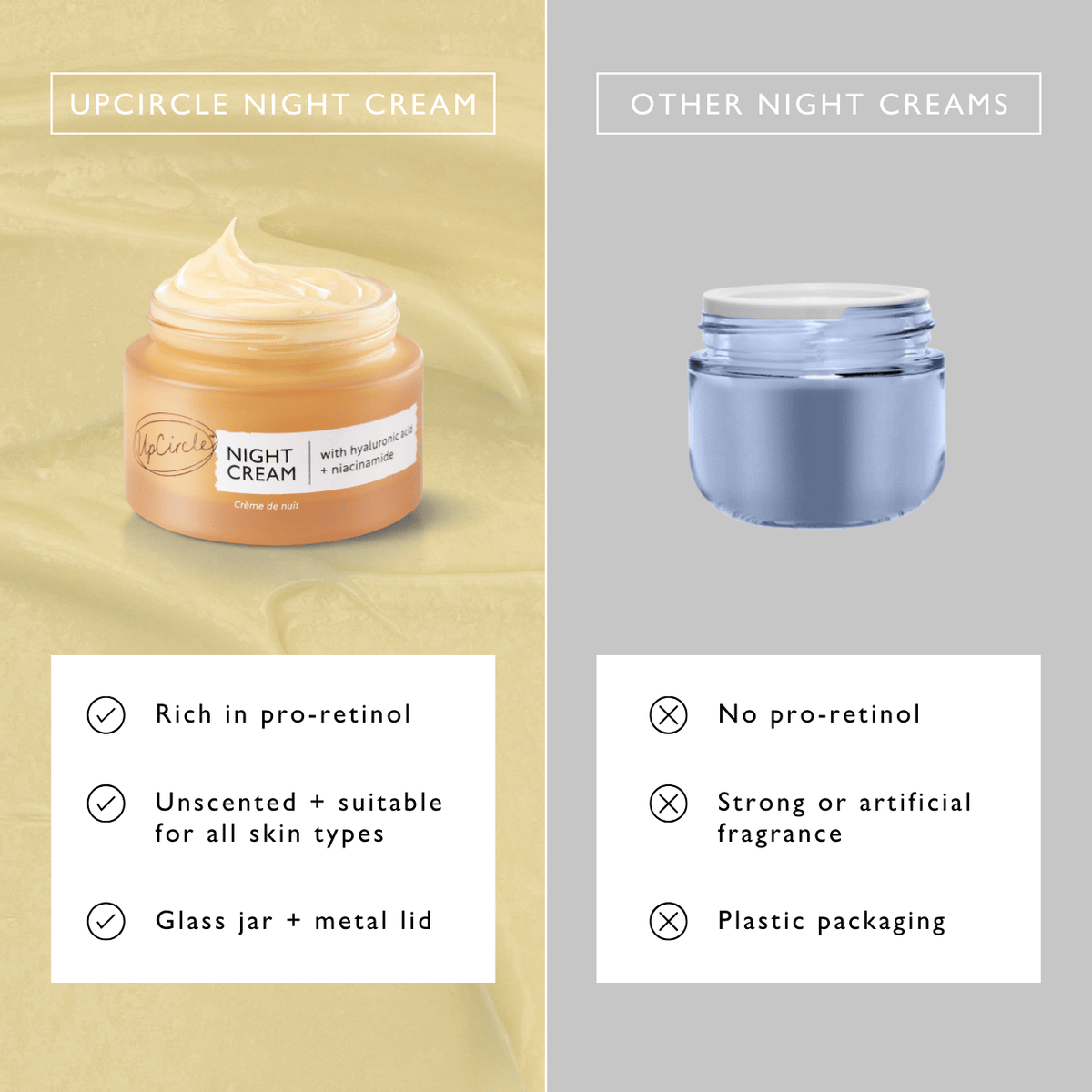 UpCircle Night Cream jar with hyaluronic acid + niacinamide, peach jar beside blue jar, two jars on Tampa Home & Garden Store
