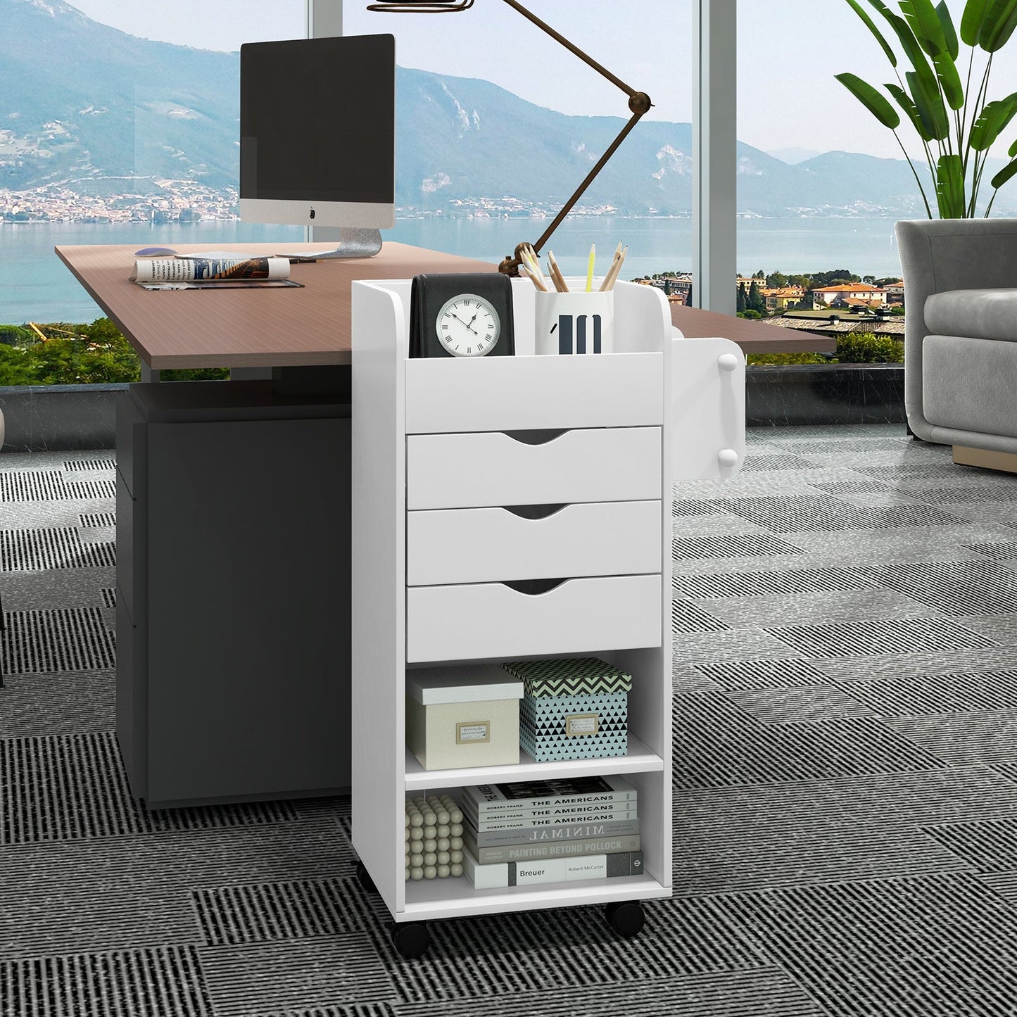 Utility Trolley with Open Shelves and 3 Drawers-White