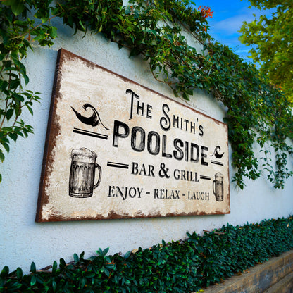Canvas sign by Tailored Canvases: personalized poolside bar & grill motif weathered on Tampa Home & Garden Store