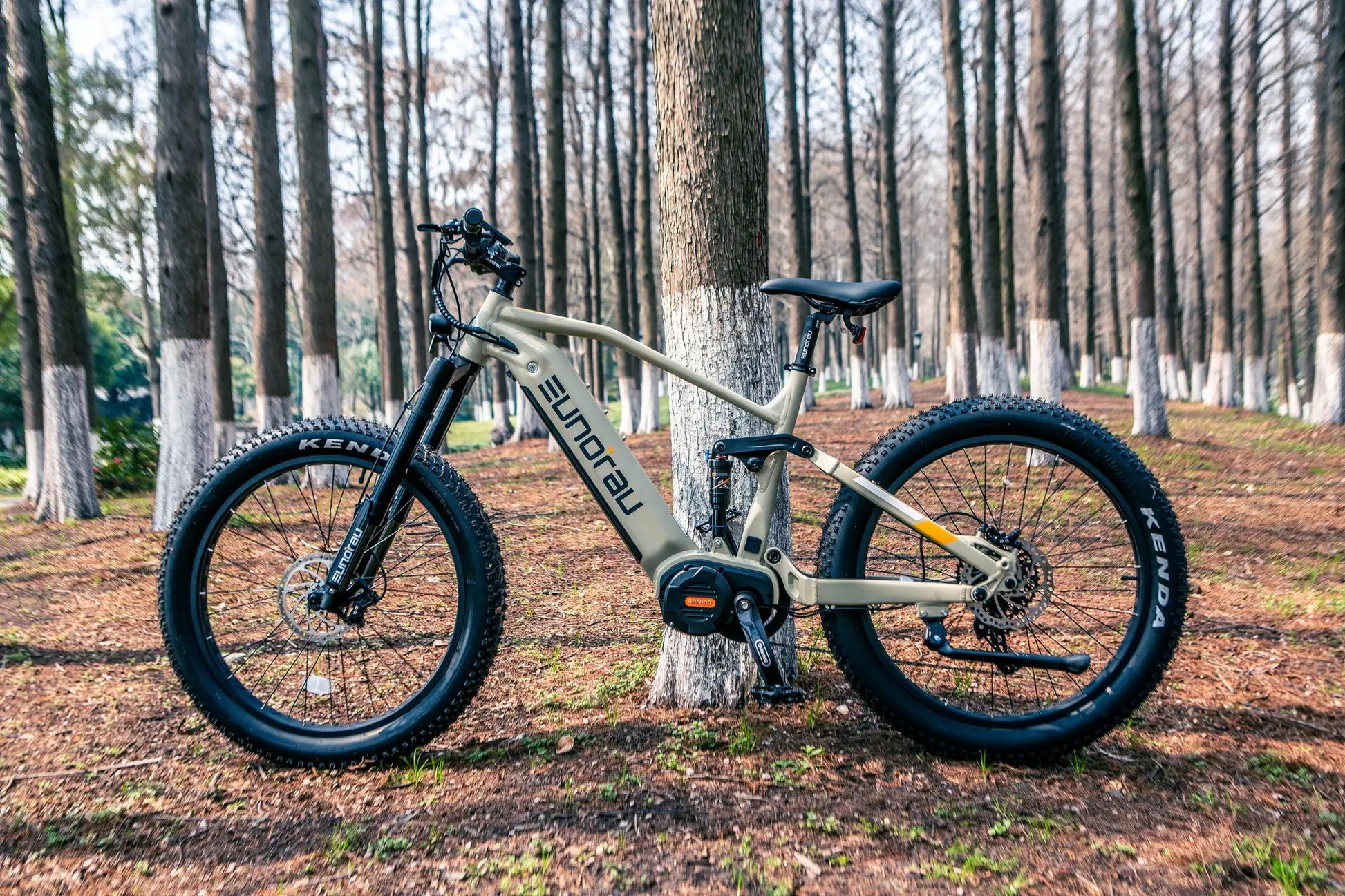Electric bicycle Specter S 3.0 Hunter X9 fat-tire by Eunorau beige frame parked by tree on Tampa Home & Garden Store