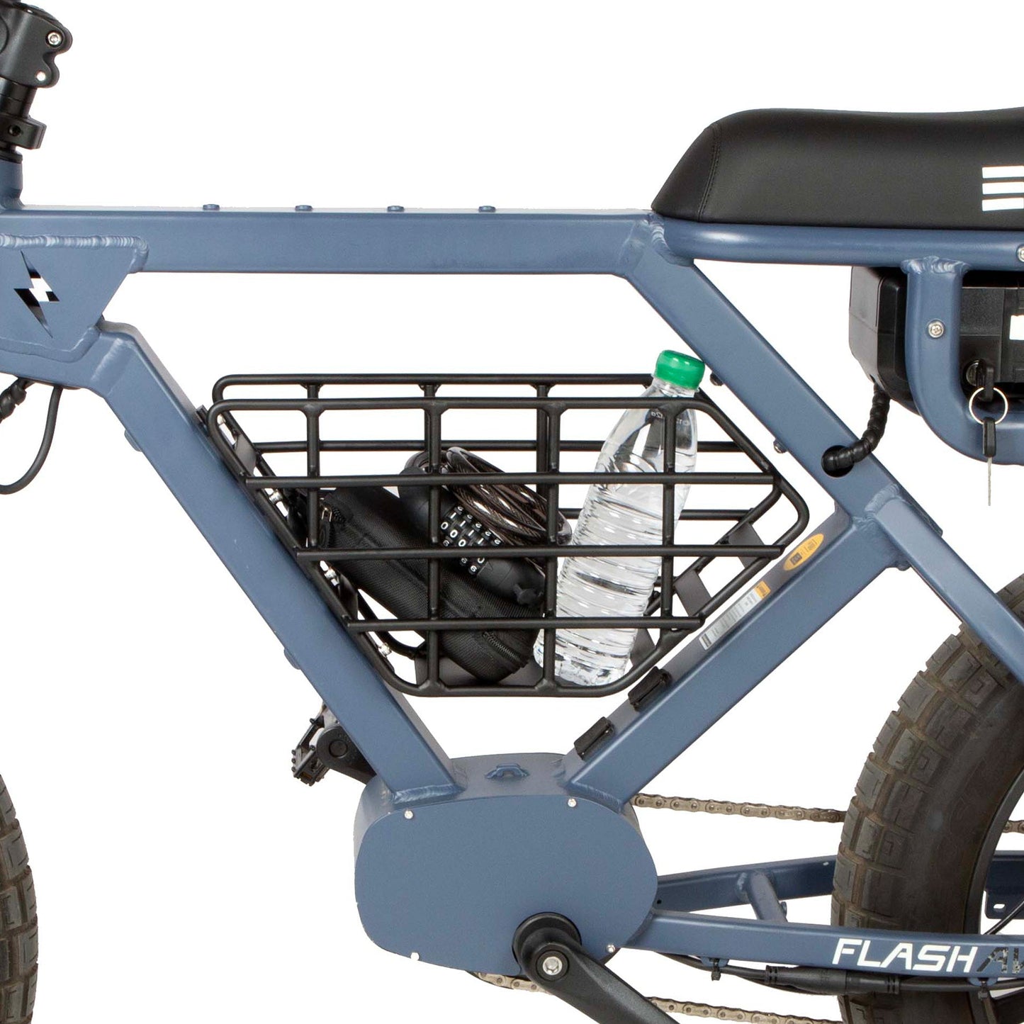 Mid-Position Storage Basket for FLASH Ebikes black wire-grid basket on frame with water bottle on Tampa Home & Garden Store