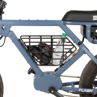 Mid-Position Storage Basket for FLASH Ebikes black wire-grid basket on frame with water bottle on Tampa Home & Garden Store
