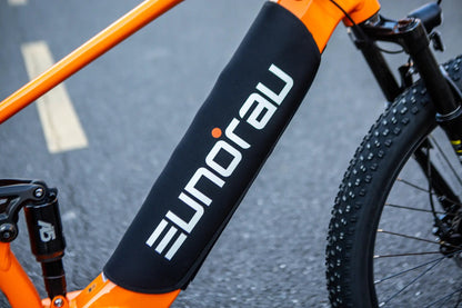EUNORAU Thermal Ebike DownTube Battery Wrap on orange frame with black neoprene sleeve on Tampa Home & Garden Store