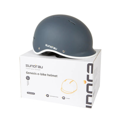 EUNORAU Genesis e-bike helmet matte blue-gray with white edge on box on Tampa Home & Garden Store