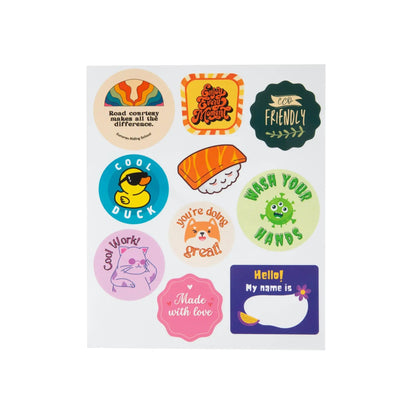 Kids helmet sticker sheet with colorful round decals featuring text and cartoon icons on Tampa Home & Garden Store