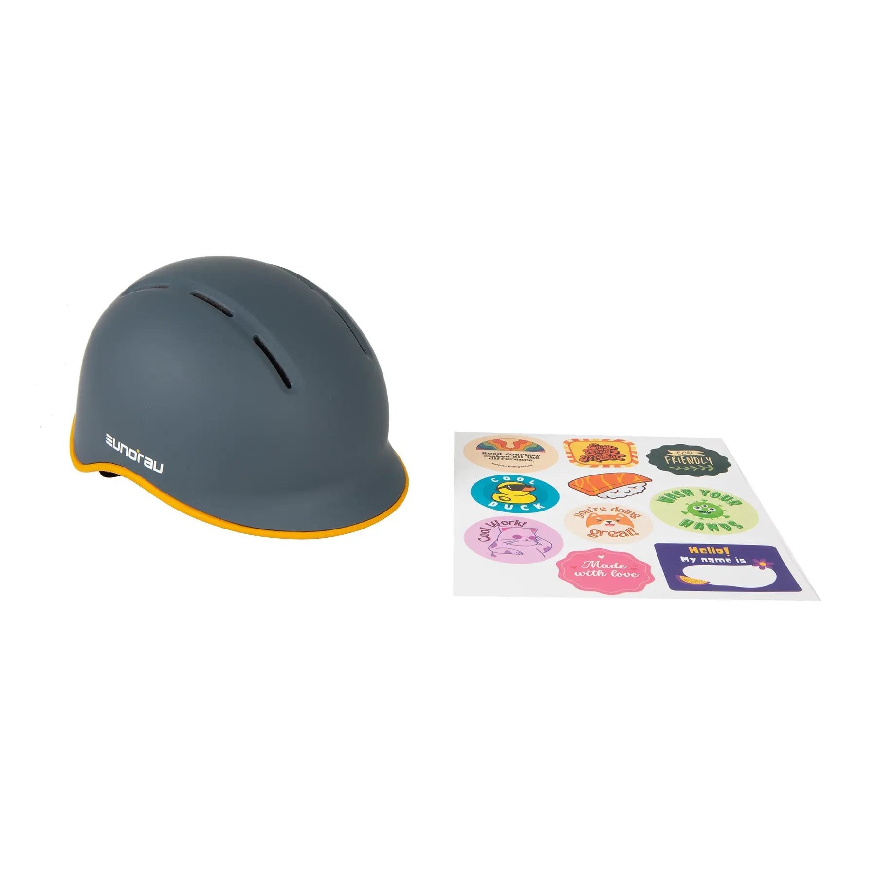 EUNORAU Genesis JR kids bike helmet in blue-gray with orange trim, sticker sheet included on Tampa Home & Garden Store