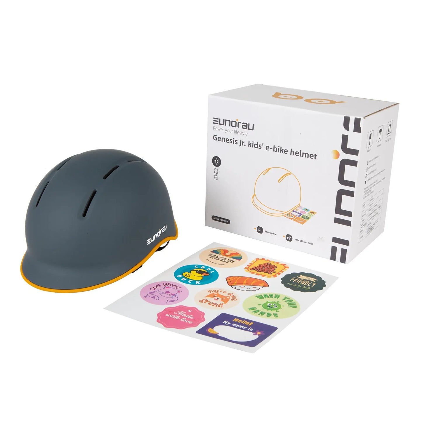 EUNORAU Genesis Jr. kids' helmet in dark gray with orange edge beside box on Tampa Home & Garden Store