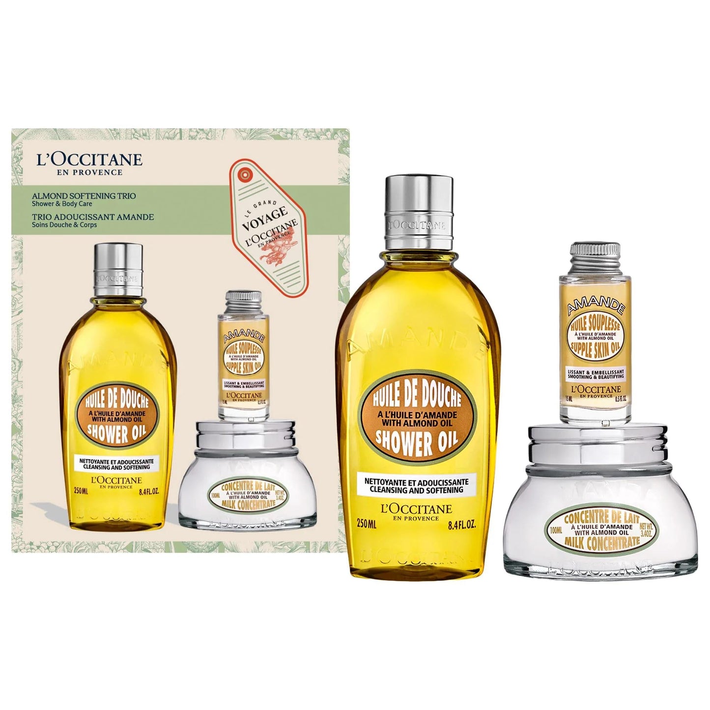 L'Occitane Almond Softening Trio gift set with almond shower oil, milk concentrate and skin oil on Tampa Home & Garden Store