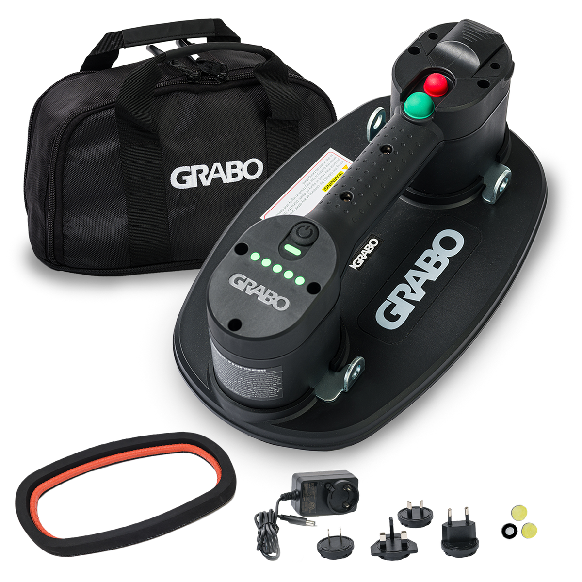GRABO V2 cordless suction gripster black handheld lifter with green LEDs and carry bag on Tampa Home & Garden Store