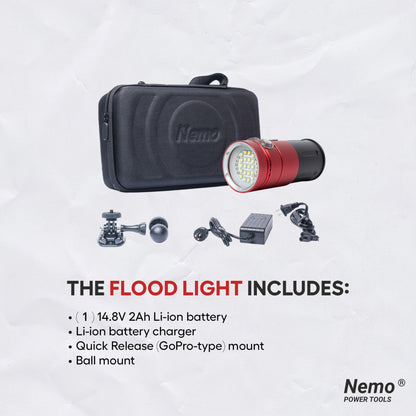 V3 Nemo Flood Light red LED flood light with 15000 lumens beside black carry case with Nemo logo on Tampa Home & Garden Store