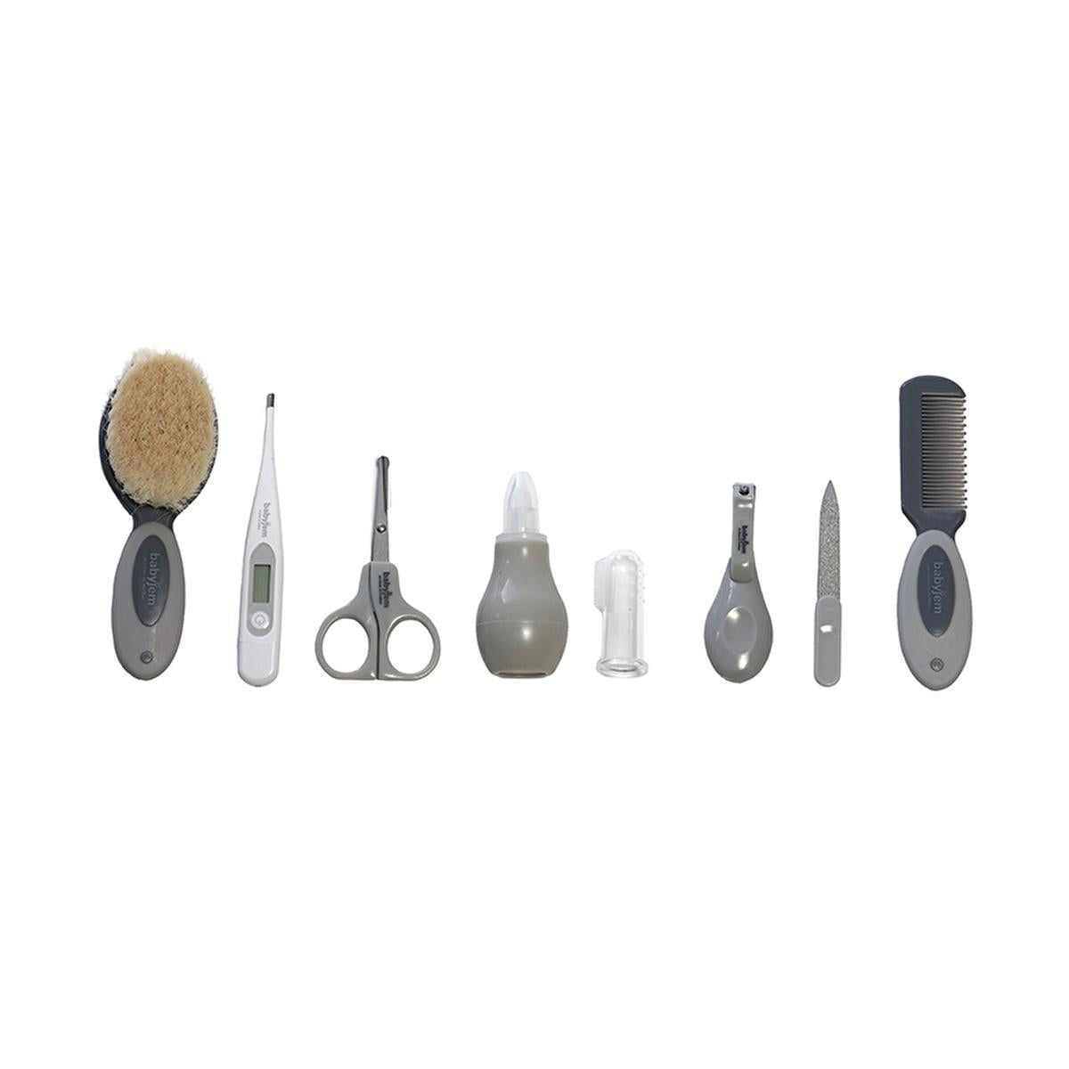 Babyjem 9-Piece Baby Care Set by Beauty Care Bag, grey newborn grooming tools lineup on Tampa Home & Garden Store