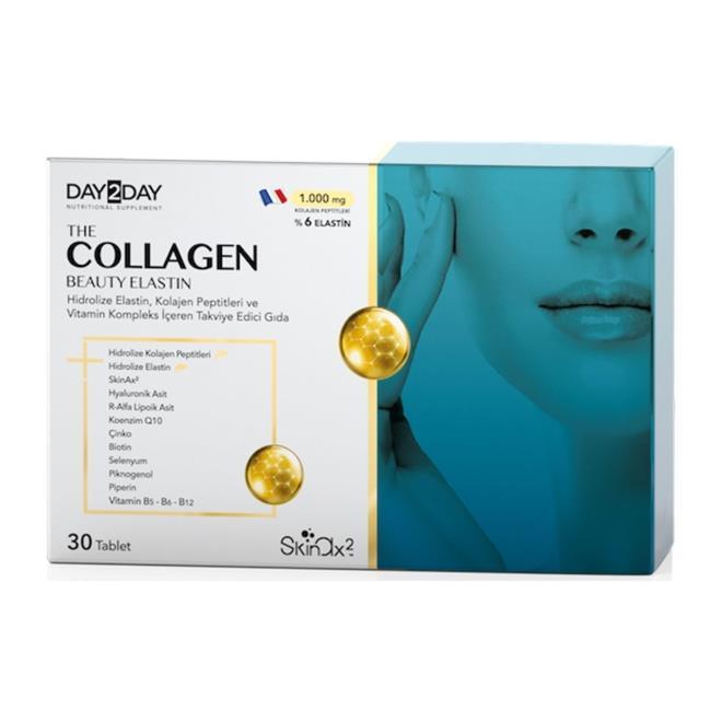 Day2Day Collagen Beauty Elastin supplement box with teal panel and gold capsules by SkinAx2 on Tampa Home & Garden Store