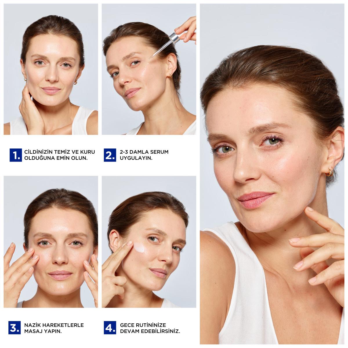 Face serum Loreal Paris Revitalift retinol collage showing 4-step application on pale model on Tampa Home & Garden Store