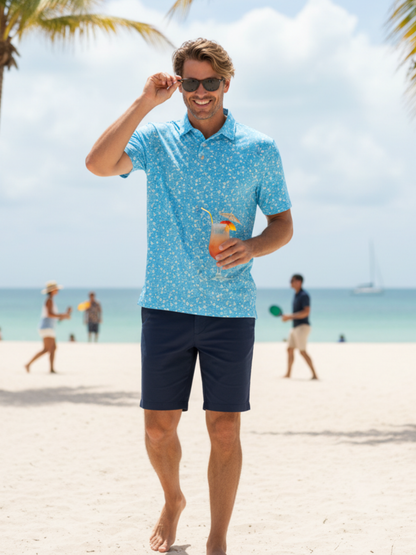 Vacation Performance Polo in blue speckle pattern by White Water Life on Tampa Home & Garden Store