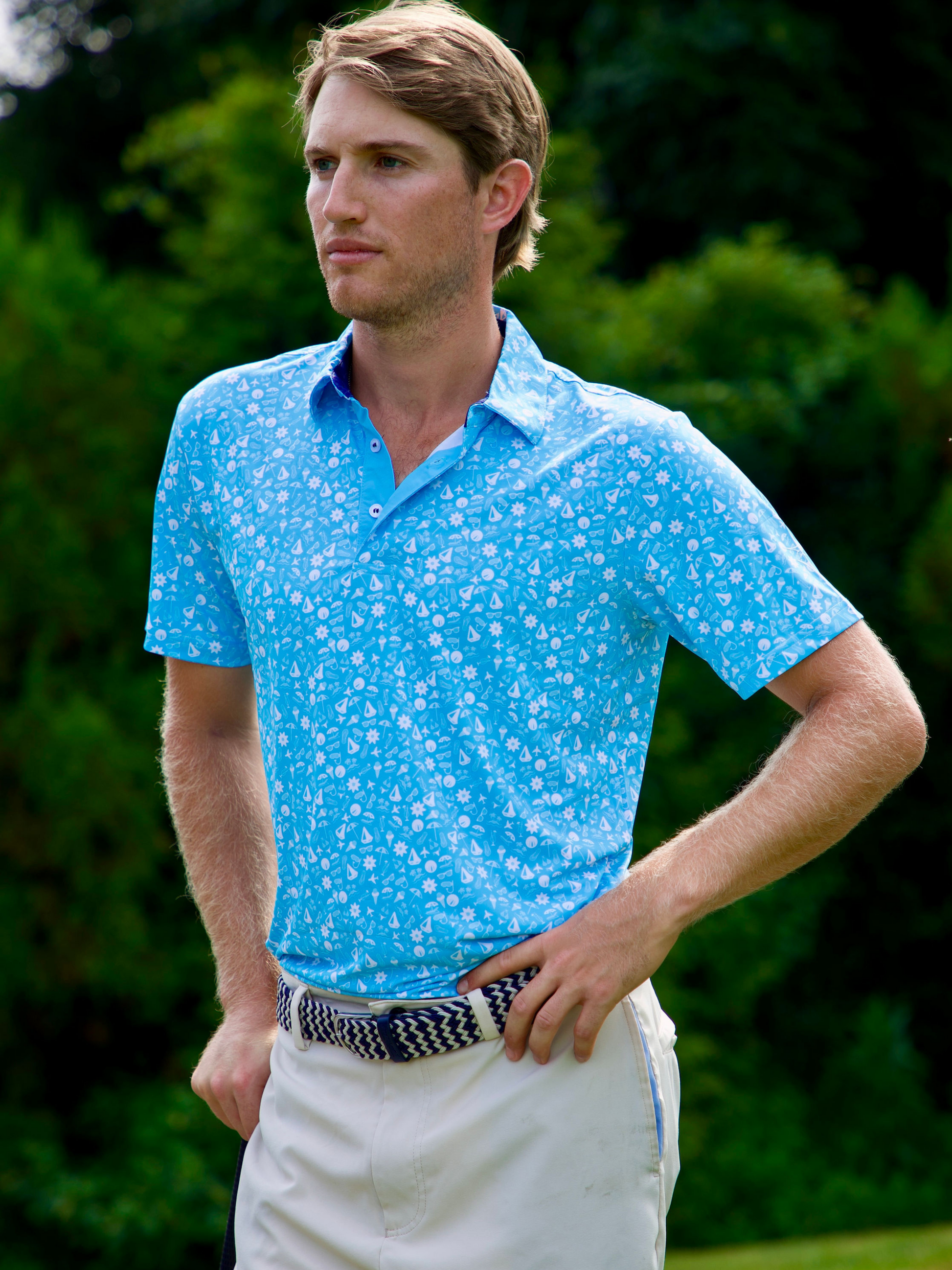 Vacation Performance Polo by White Water Life, light blue with white nautical print on Tampa Home & Garden Store