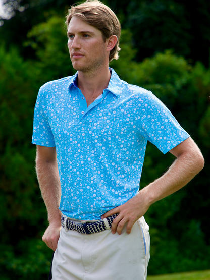 Vacation Performance Polo by White Water Life, light blue with white nautical print on Tampa Home & Garden Store