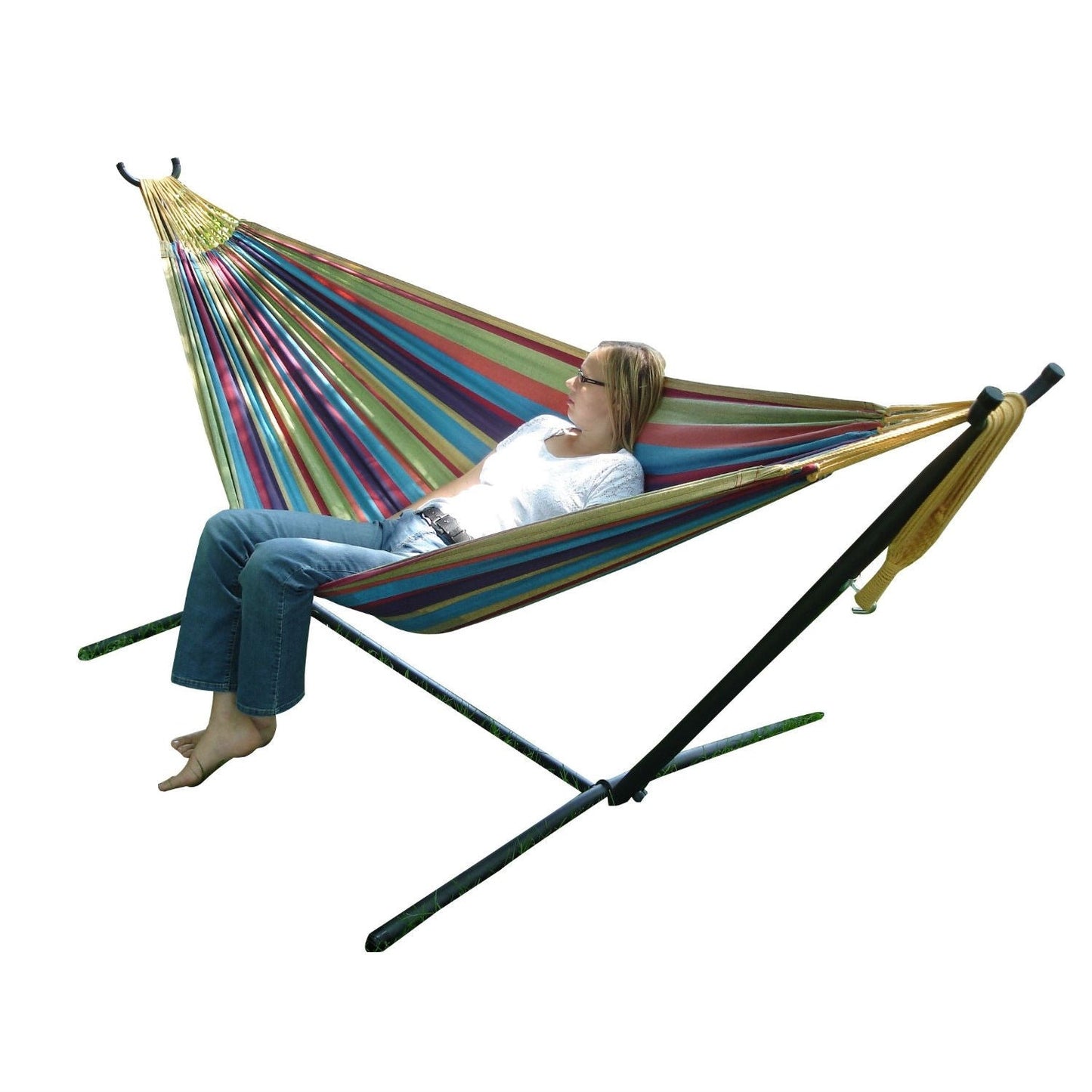 Hamaca Doble de Tela Tropical con Soporte de Acero de 9 Pies