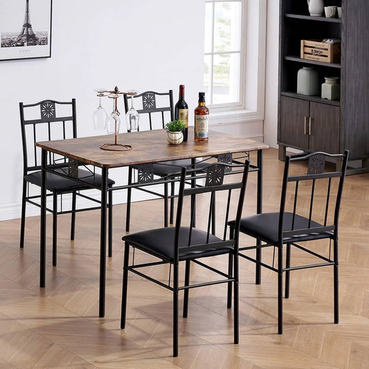 Farmhouse 5-Piece Dining Set with Wood-Top Table and 4 Cushioned Chairs