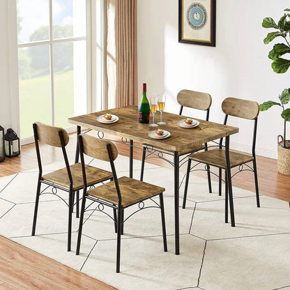 Juego de comedor moderno industrial de 5 piezas con mesa con tapa de madera y 4 sillas