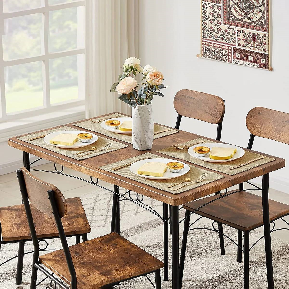 Juego de comedor moderno industrial de 5 piezas con mesa con tapa de madera y 4 sillas