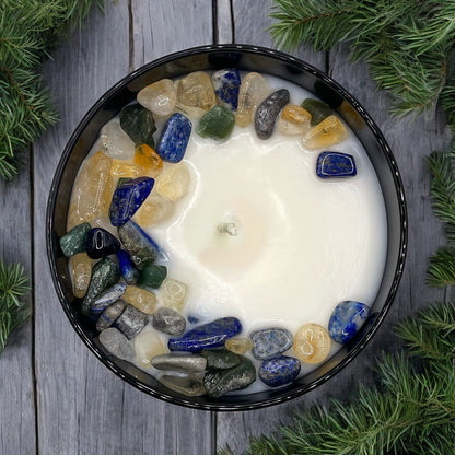 Bougie aux cristaux du signe astrologique de la Vierge avec citrine, lapis-lazuli et aventurine verte | Bougie en cire de coco et de soja, 255 g