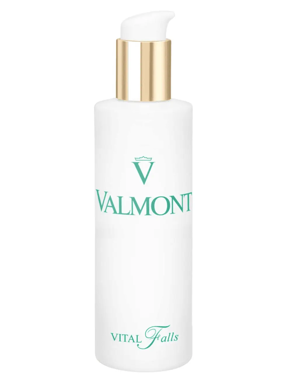 Valmont Purity Vital Falls Toner bottle, white with turquoise logo and gold pump top on Tampa Home & Garden Store