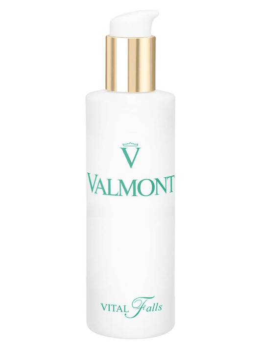 Valmont Purity Vital Falls Toner bottle, white with turquoise logo and gold pump top on Tampa Home & Garden Store