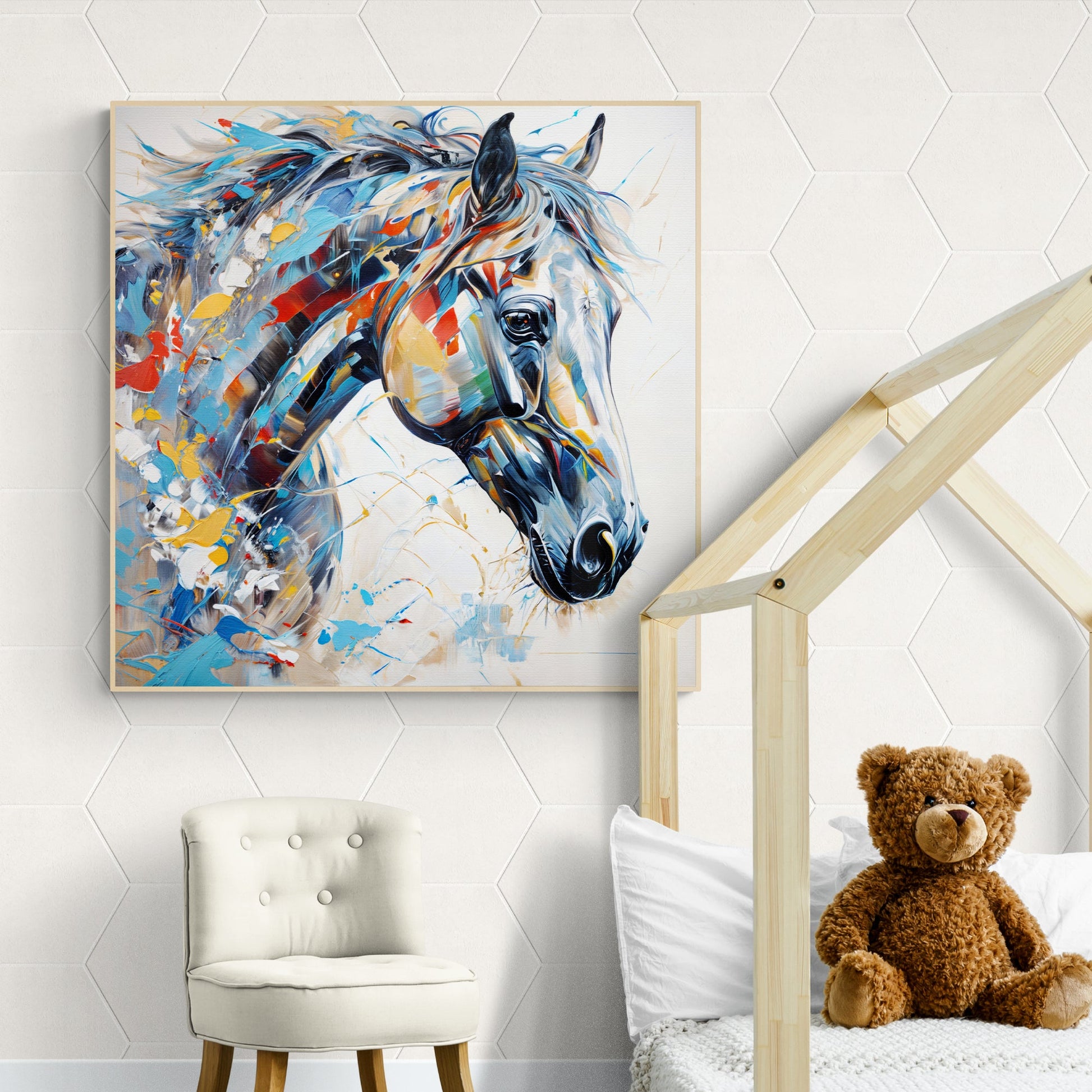 Canvas Print: Vivid Steed by Tailored Canvases, abstract horse portrait in blues and yellows on Tampa Home & Garden Store
