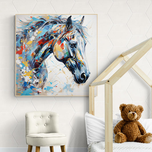 Canvas Print: Vivid Steed by Tailored Canvases, abstract horse portrait in blues and yellows on Tampa Home & Garden Store