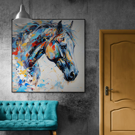 Canvas Print: Vivid Steed, vibrant abstract horse portrait in black frame on Tampa Home & Garden Store