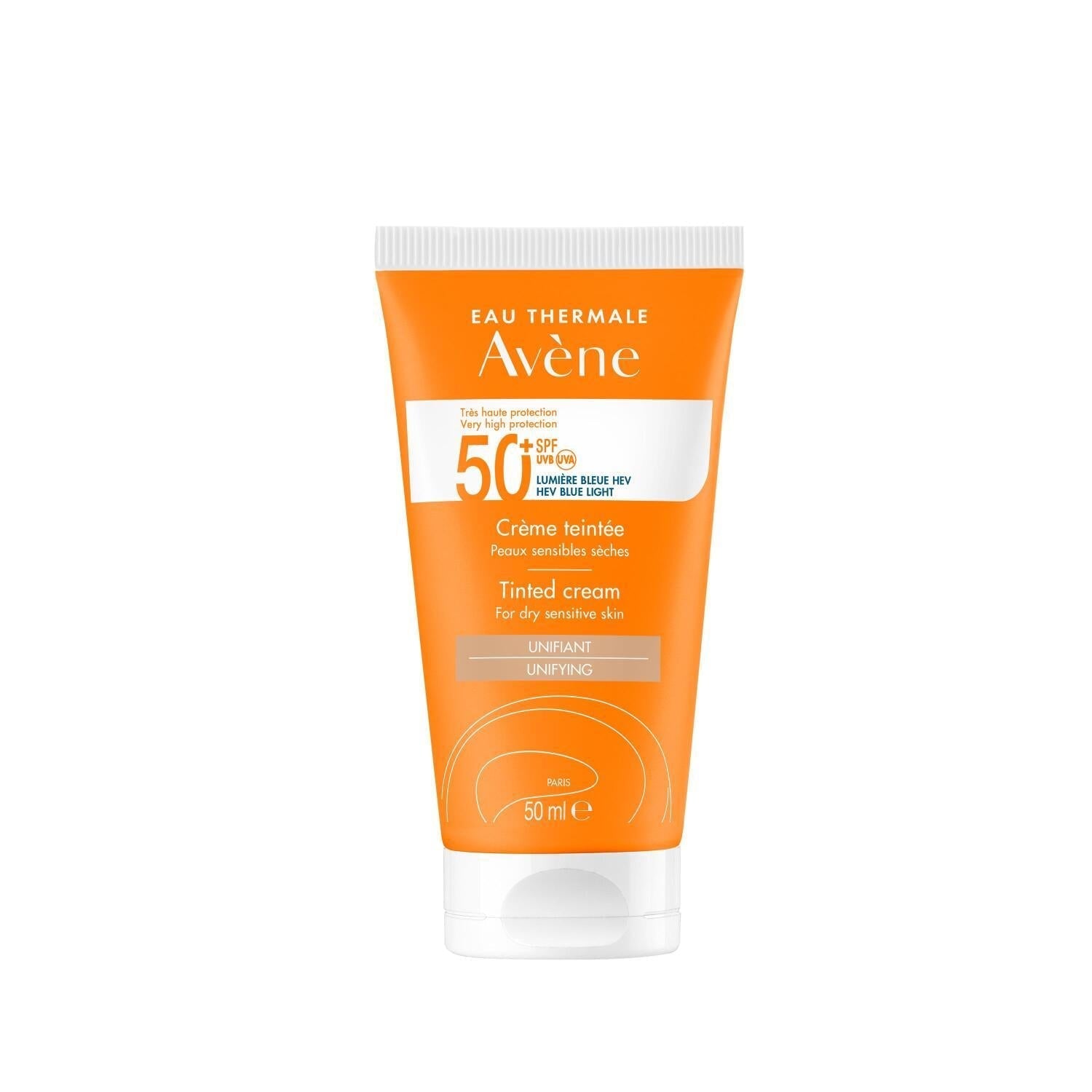 Tinted cream sunscreen Avène SPF50+ for dry sensitive skin in orange tube on Tampa Home & Garden Store