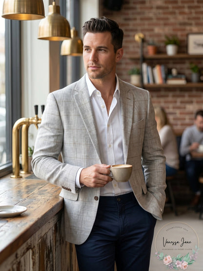 Bar III Slim Fit Gray Plaid Linen Jacket for Men