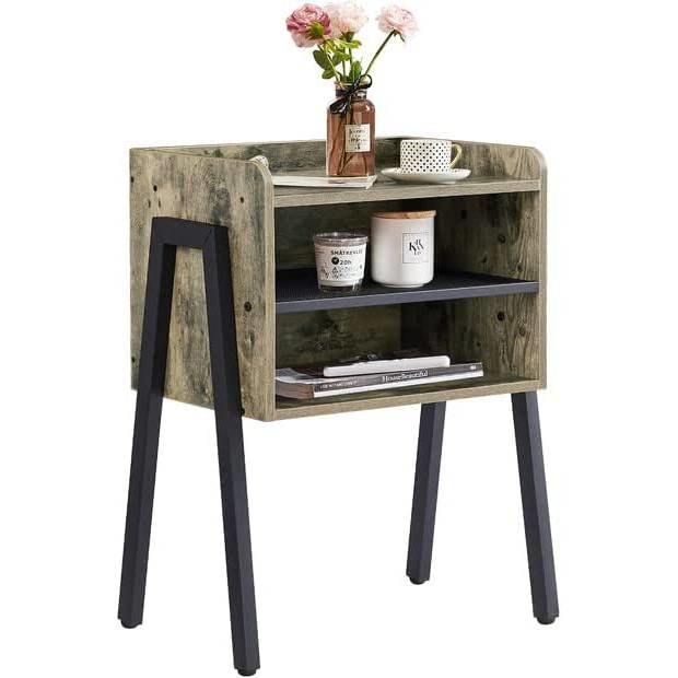 Mesa Auxiliar/de Noche/Mesa de Extremo Industrial Moderna Gris con Madera y Metal Negro