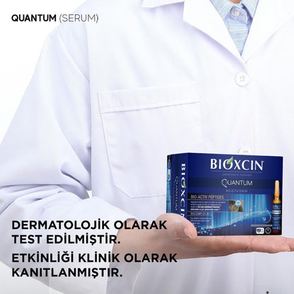 Bioxcin Quantum Bio-Activ Serum box in blue packaging held by clinician in white coat on Tampa Home & Garden Store