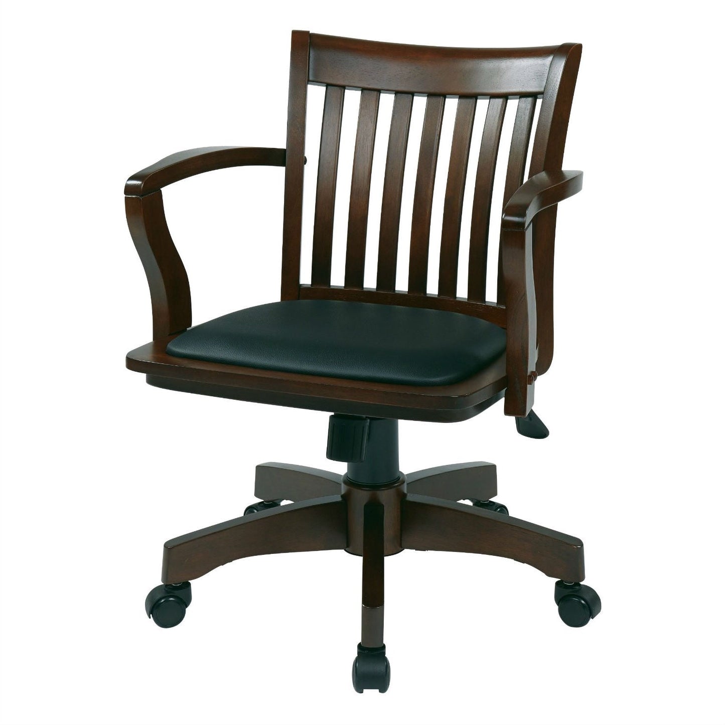Espresso Bankers Chair with black vinyl seat and wood arms, slatted back, 5-star wheeled base on Tampa Home & Garden Store
