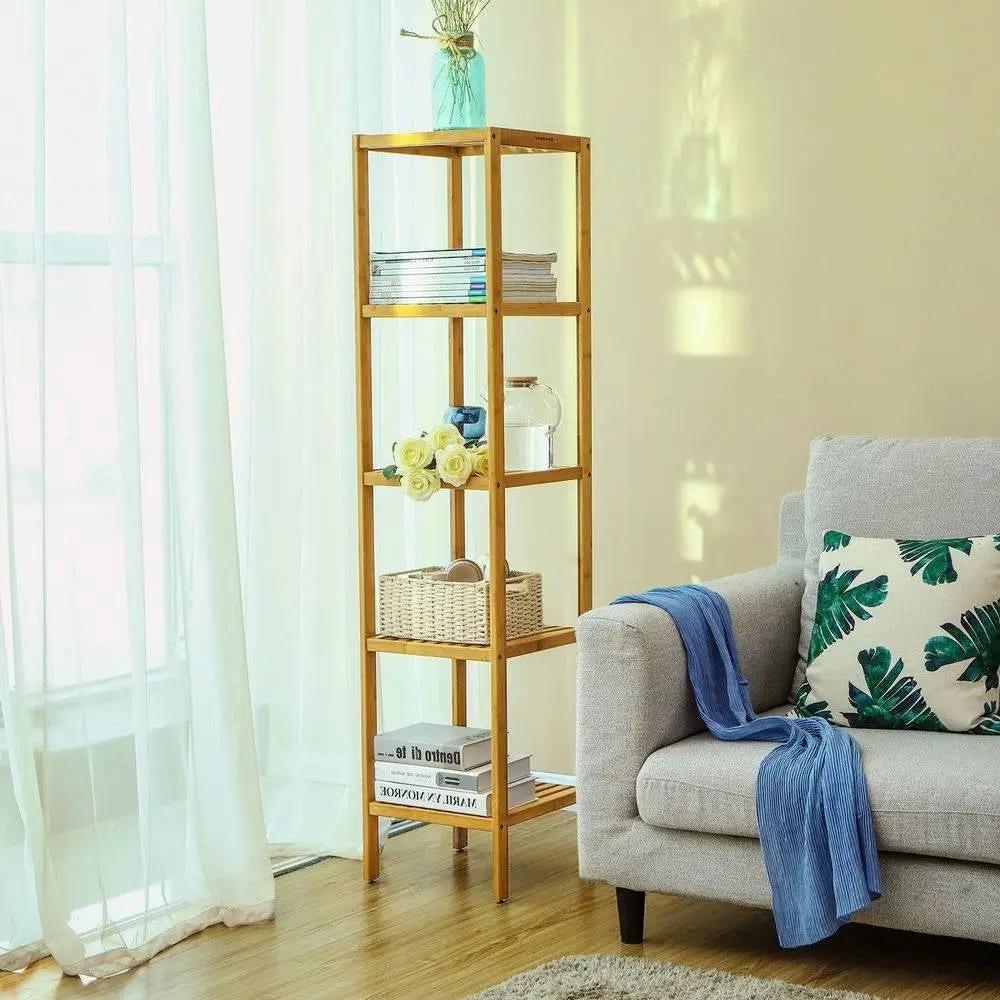 Slim 4-Shelf Bamboo Wooden Shelving Unit