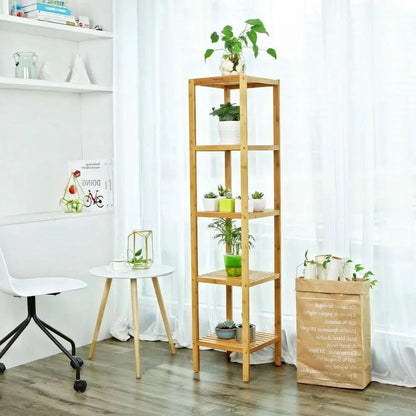Slim 4-Shelf Bamboo Wooden Shelving Unit