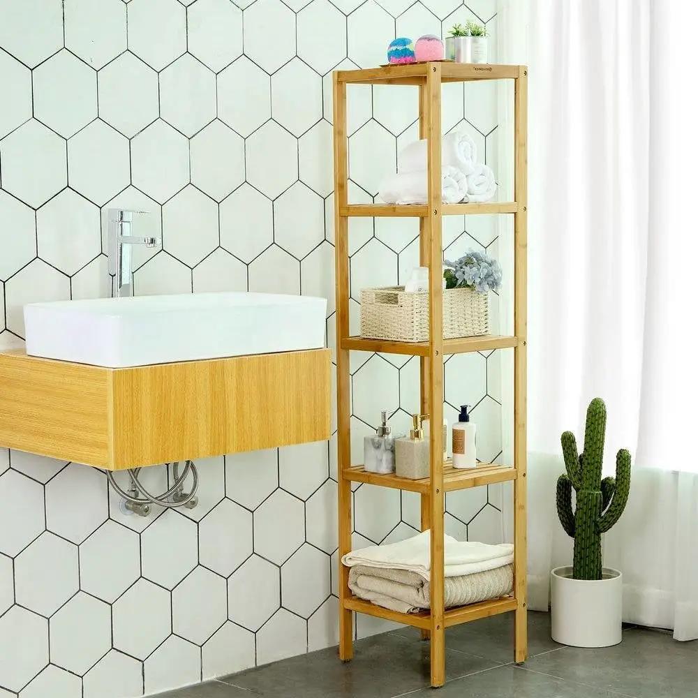 Slim 4-Shelf Bamboo Wooden Shelving Unit