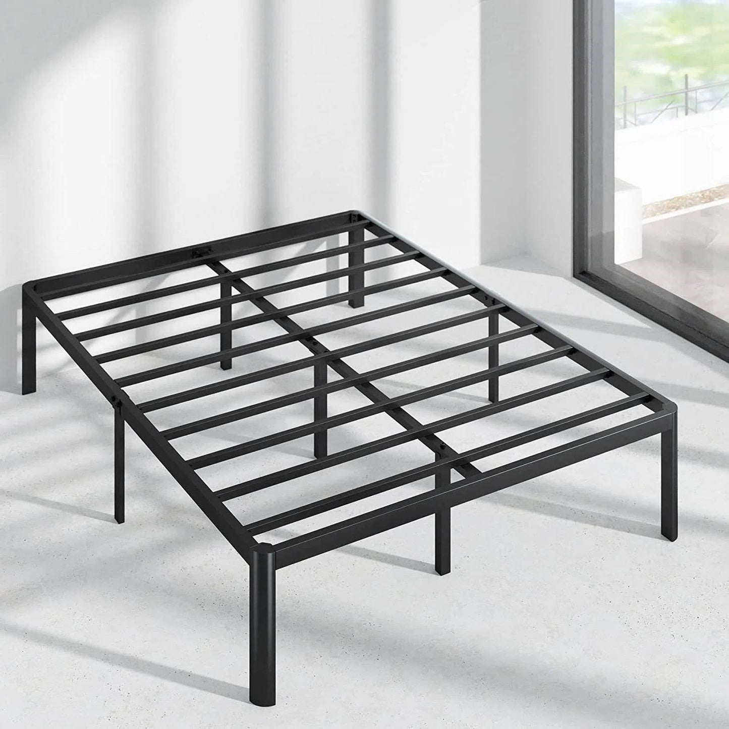 Base de cama King de plataforma metálica con patas redondeadas, capacidad de 317 kg