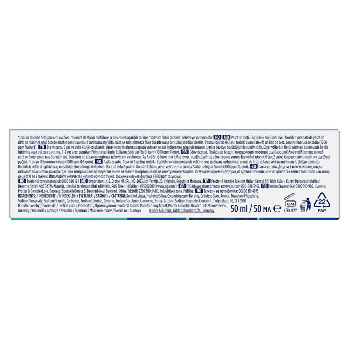 Oral-B Pro Kids toothpaste back panel with multilingual text and 50 ml marking on blue box on Tampa Home & Garden Store