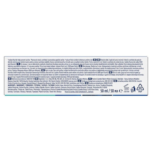 Oral-B Pro Kids toothpaste back panel with multilingual text and 50 ml marking on blue box on Tampa Home & Garden Store